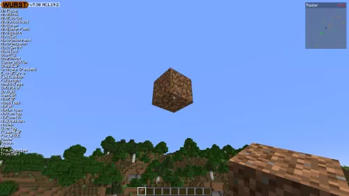 Using AirPlace in Wurst 7.30 to place a dirt block in mid-air.