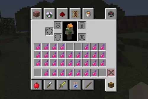The player's inventory, filled almost entirely with splash potions of instant health.