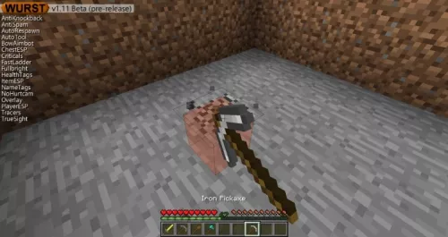 An example of AutoTool switching to the pickaxe when mining a block of stone.