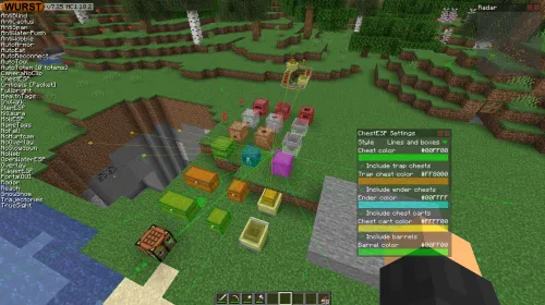 Using ChestESP in Wurst 7.25 with the default colors, lines and boxes, and all categories enabled.