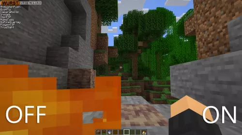 Comparison of the fire overlay in vanilla Minecraft (left side) and with NoFireOverlay enabled (right side).