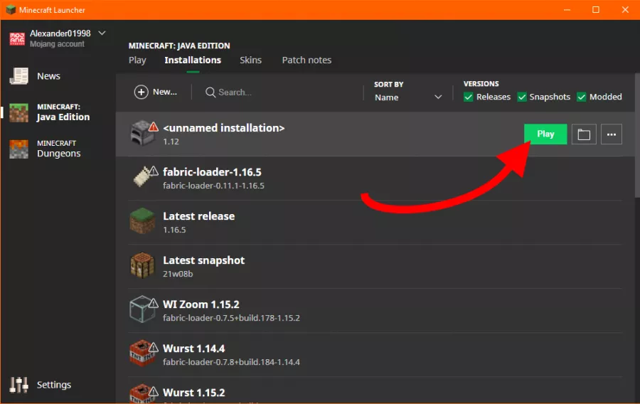 A screenshot of the Minecraft launcher. A profile named "<unnamed installation>" for Minecraft 1.12 is selected. An arrow points to the "Play" button next to this profile.