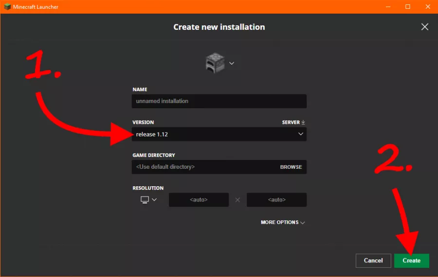 A screenshot of the "Create new installation" screen in the Minecraft launcher. An arrow labeled "1." points to the "VERSION" dropdown menu, where "release 1.12" is selected. An arrow labeled "2." points to the "Create" button. All other fields are left at their default values.