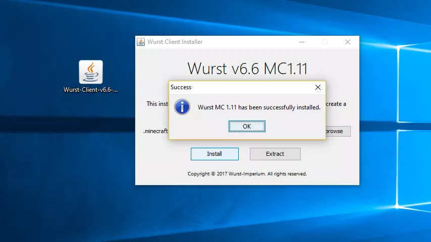 A screenshot of the Wurst 6 installer saying "Wurst MC 1.11 has been successfully installed". Yes, I know this doesn't match the 1.12 version that we've been using so far in the other screenshots. I just couldn't be bothered to take this screenshot again.