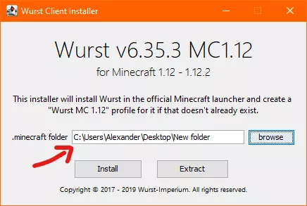 A screenshot of the Wurst 6 installer with an arrow pointing at the '.minecraft folder' setting, which has been changed to 'Desktop/New folder'