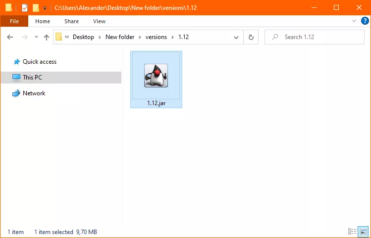 A screenshot of the temporary 'Desktop/New folder/versions/1.12' folder. Inside is a file named '1.12.jar'.